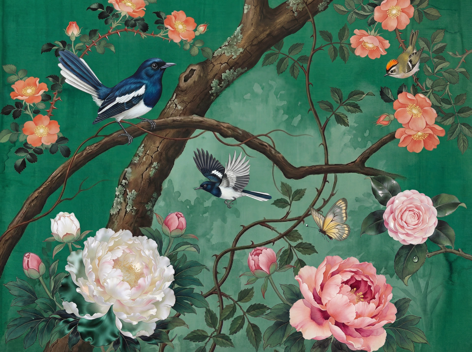 Emerald Garden chinoiserie mural — full composition