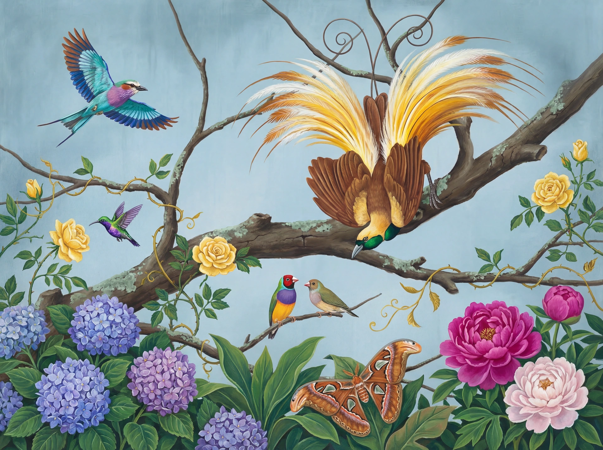 Powder Blue Aviary mural — atmospheric background