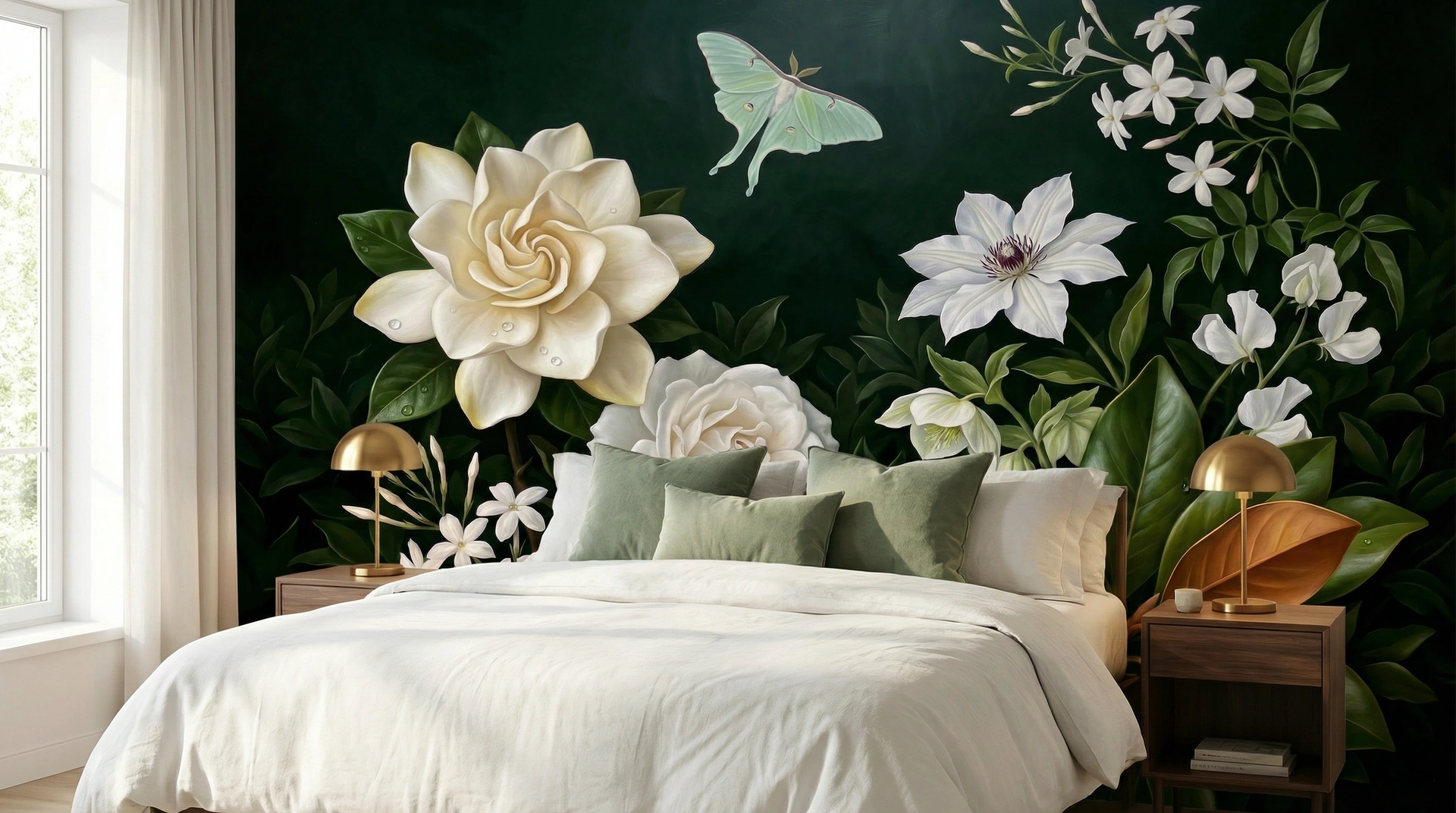 Bedroom with dark botanical mural