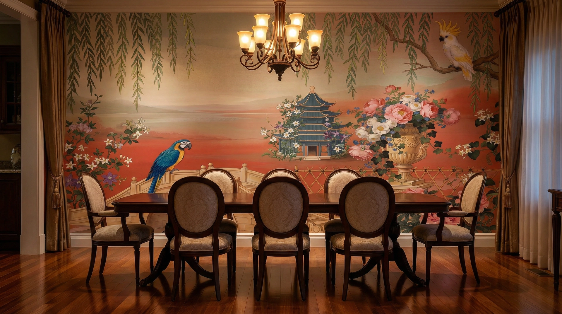 Formal dining room with chinoiserie mural