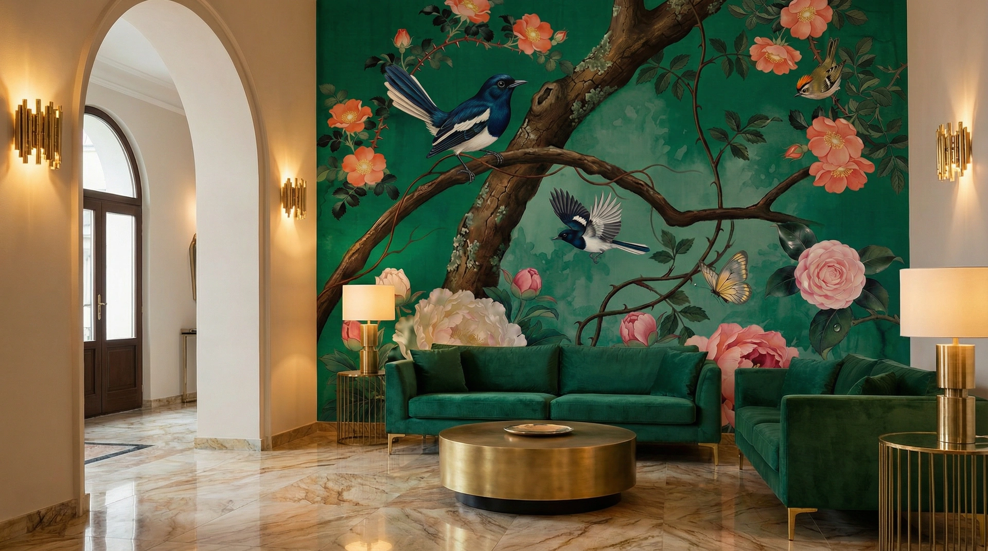 Hotel lobby with emerald chinoiserie mural