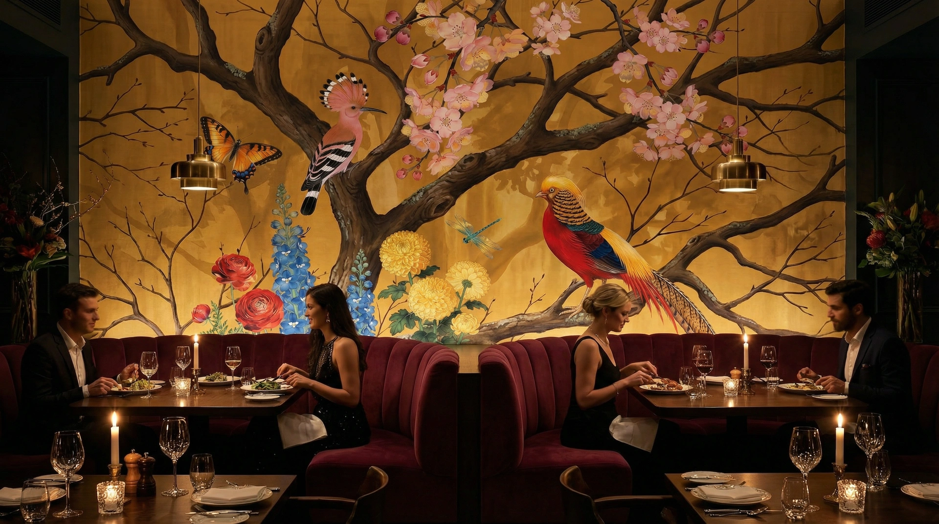 A restaurant dining room wrapped in a saffron chinoiserie mural — golden pheasants and chrysanthemums across every wall