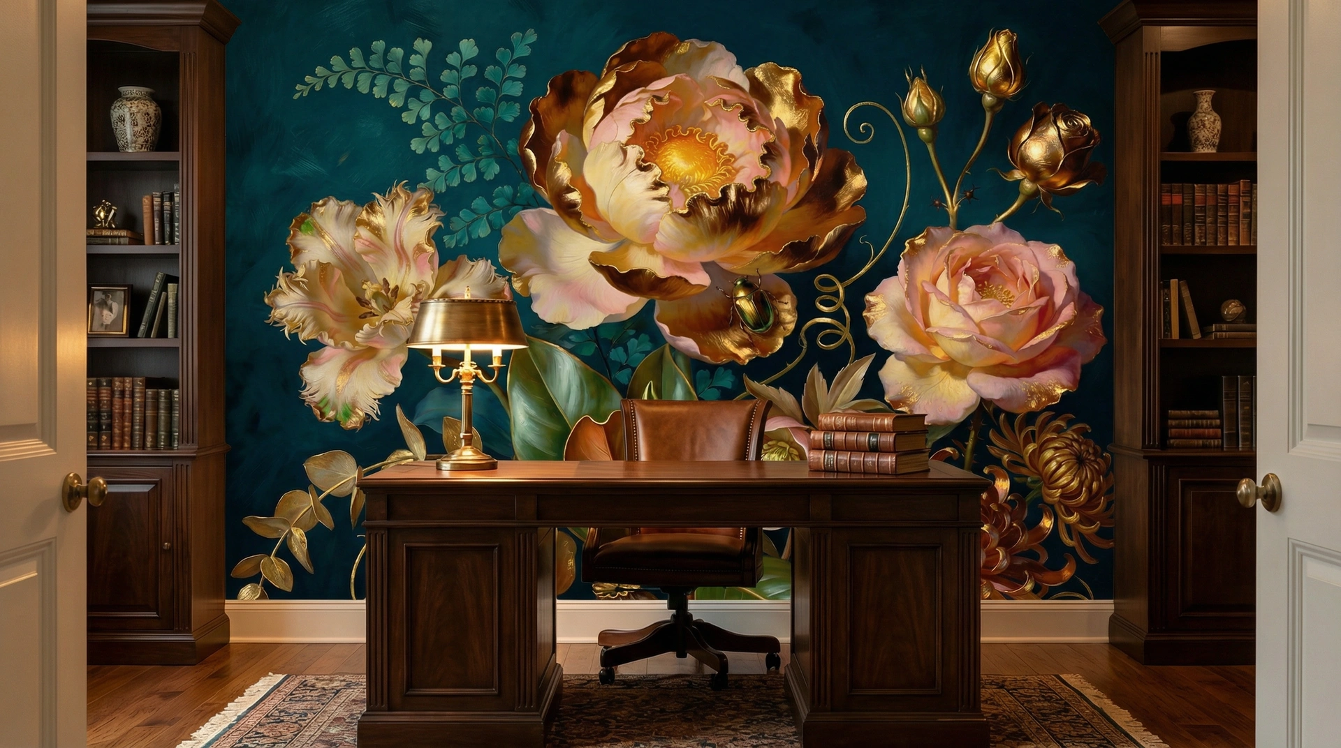 Study with teal botanical mural