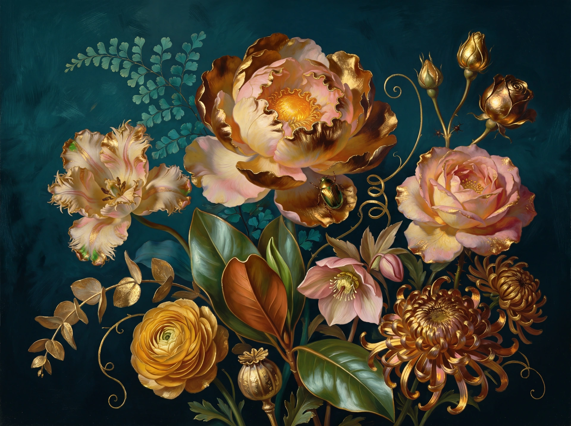 Teal Opulence dark botanical mural